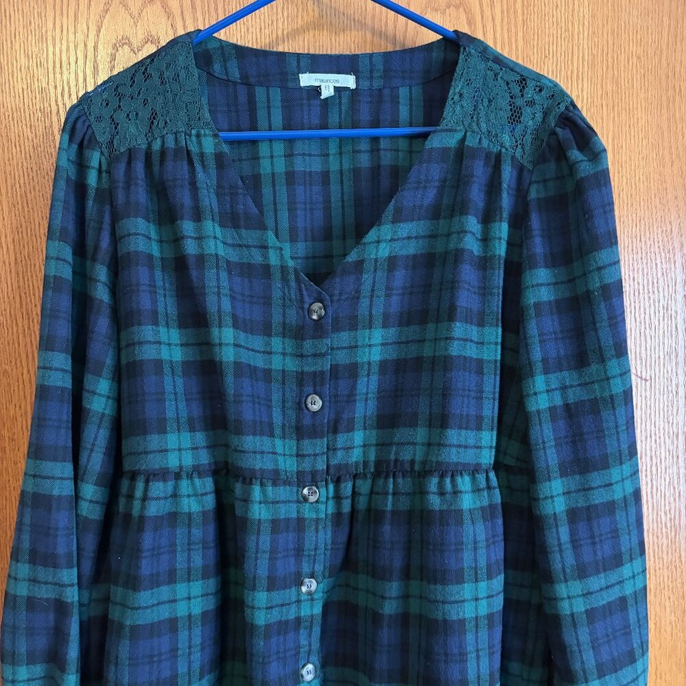 Green & Navy Plaid Button Up Flannel Blouse